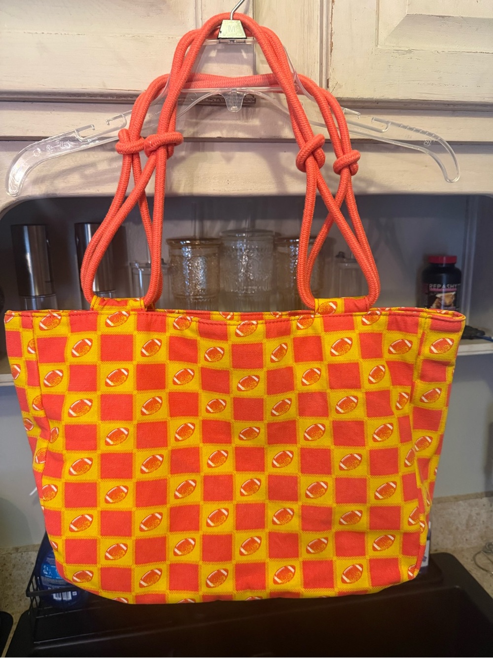 Women’s Orange & Yellow Football-Print Tote Bag with Knotted Rope Handles